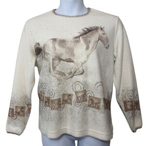 Vintage Artisans Horse Print Fleece Pullover Sweater Women XL Cream USA